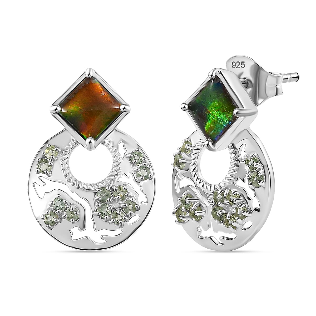D'joy Ammolite &amp; Natural Green Apatite Stud Push Post Earring in Rhodium Overlay Sterling Silver 5.48 Ct. 8201545 0