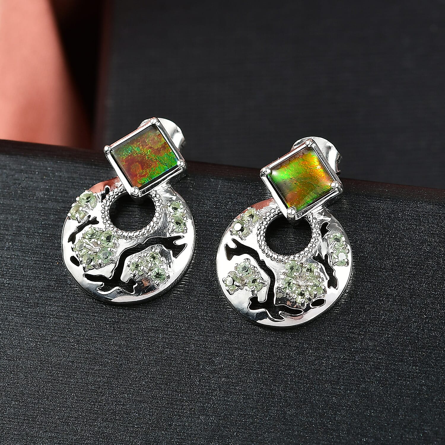 D'joy Ammolite &amp; Natural Green Apatite Stud Push Post Earring in Rhodium Overlay Sterling Silver 5.48 Ct. 8201545 2