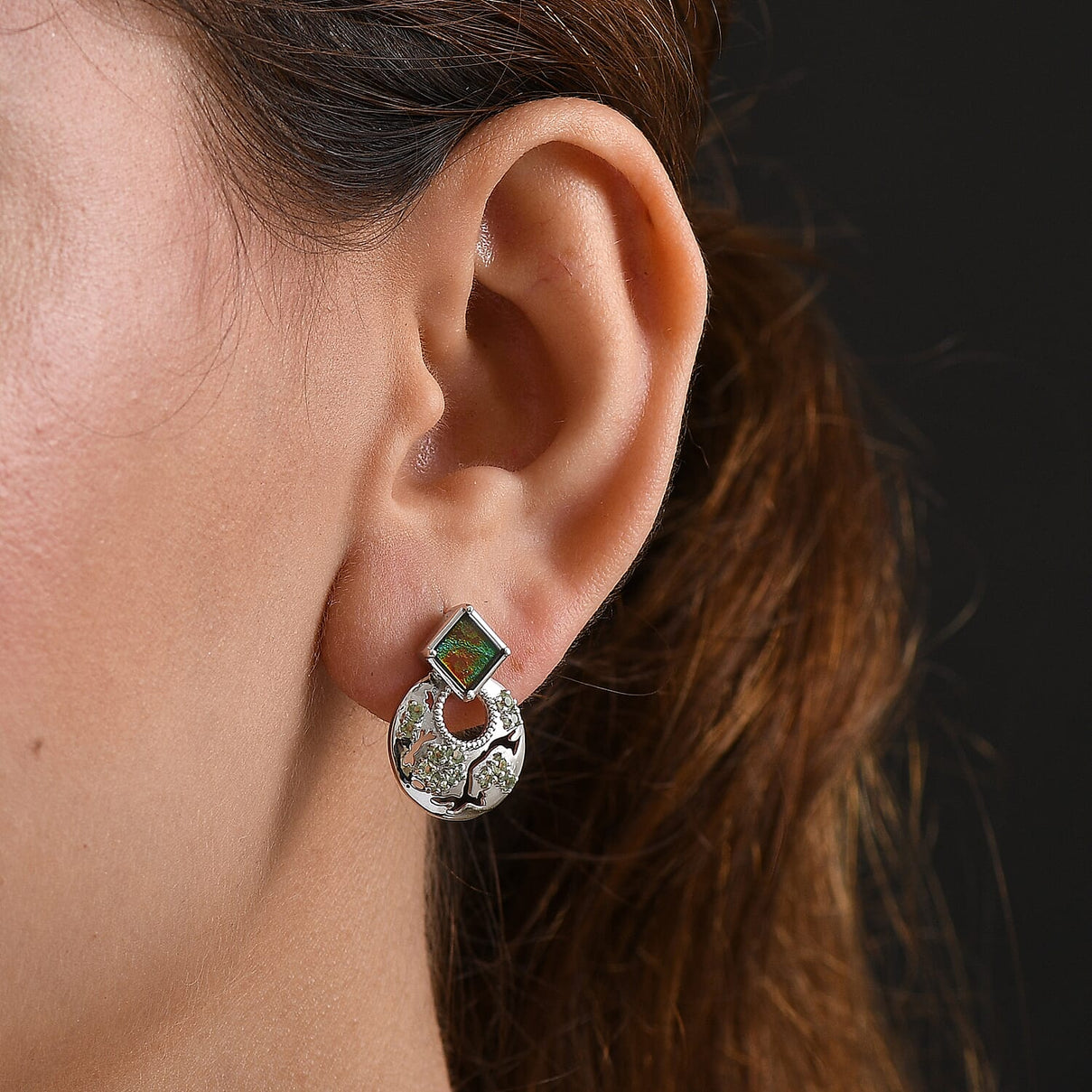 D'joy Ammolite &amp; Natural Green Apatite Stud Push Post Earring in Rhodium Overlay Sterling Silver 5.48 Ct. 8201545 3