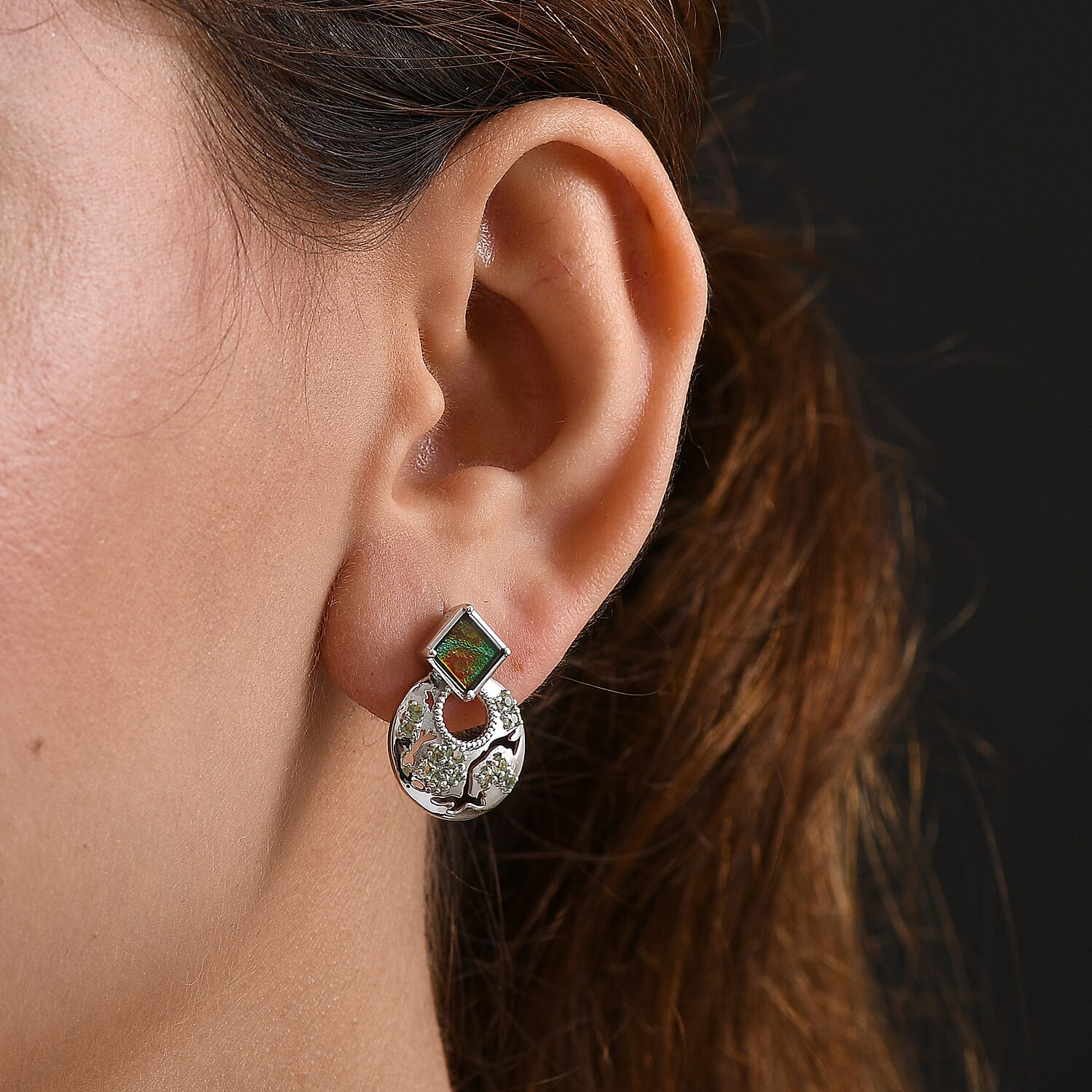 D'joy Ammolite &amp; Natural Green Apatite Stud Push Post Earring in Rhodium Overlay Sterling Silver 5.48 Ct. 8201545 3