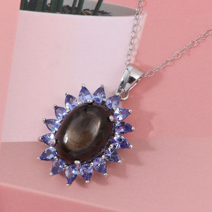 D'Joy Chantaburi Black Star Sapphire &amp; Tanzanite Pendant with Chain (Size 20) in Rhodium Overlay Sterling Silver 14.44 Ct. 4422053 2
