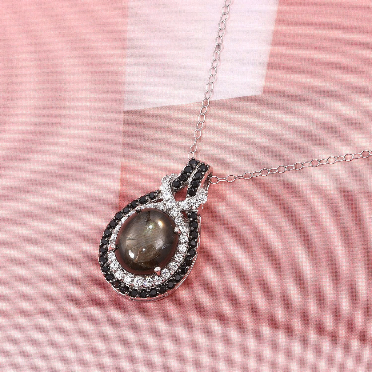 Chantaburi Black Star Sapphire, Natural Zircon &amp; Black Spinel Pendant with Chain (Size 20) in Rhodium Overlay Sterling Silver 10.21 Ct, Silver Wt. 5.19 Gms. 4422049 1