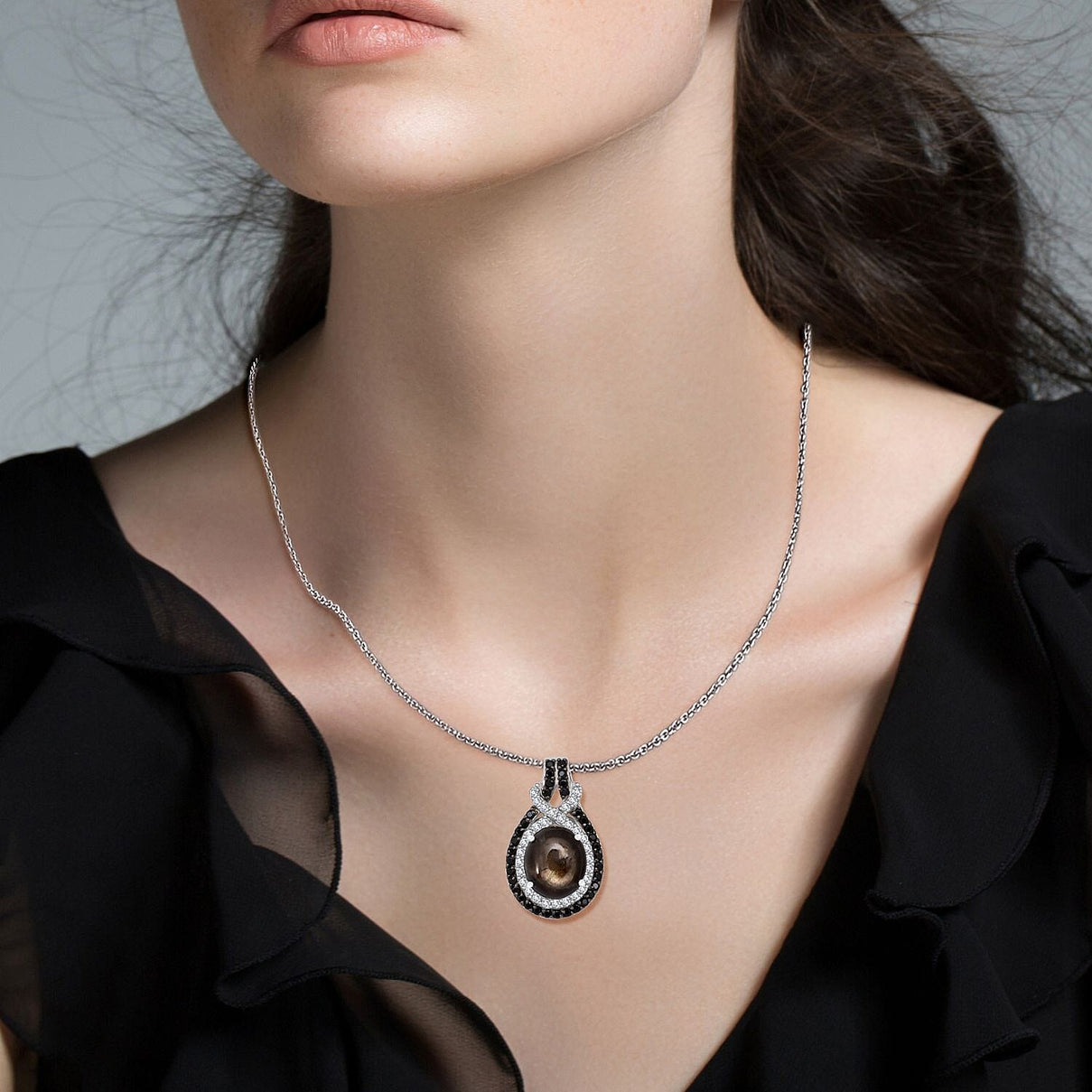 Chantaburi Black Star Sapphire, Natural Zircon &amp; Black Spinel Pendant with Chain (Size 20) in Rhodium Overlay Sterling Silver 10.21 Ct, Silver Wt. 5.19 Gms. 4422049 2