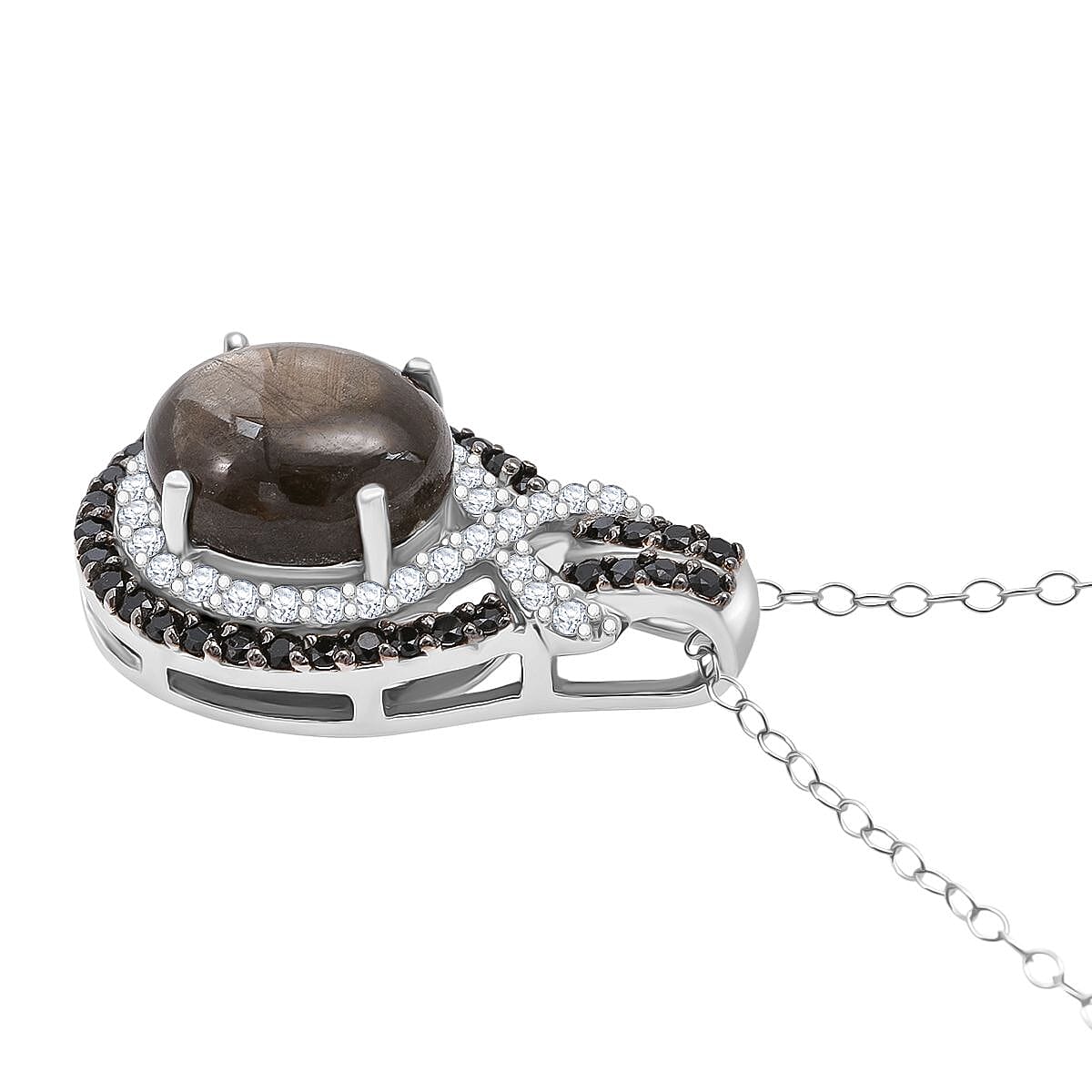 Chantaburi Black Star Sapphire, Natural Zircon &amp; Black Spinel Pendant with Chain (Size 20) in Rhodium Overlay Sterling Silver 10.21 Ct, Silver Wt. 5.19 Gms. 4422049 3