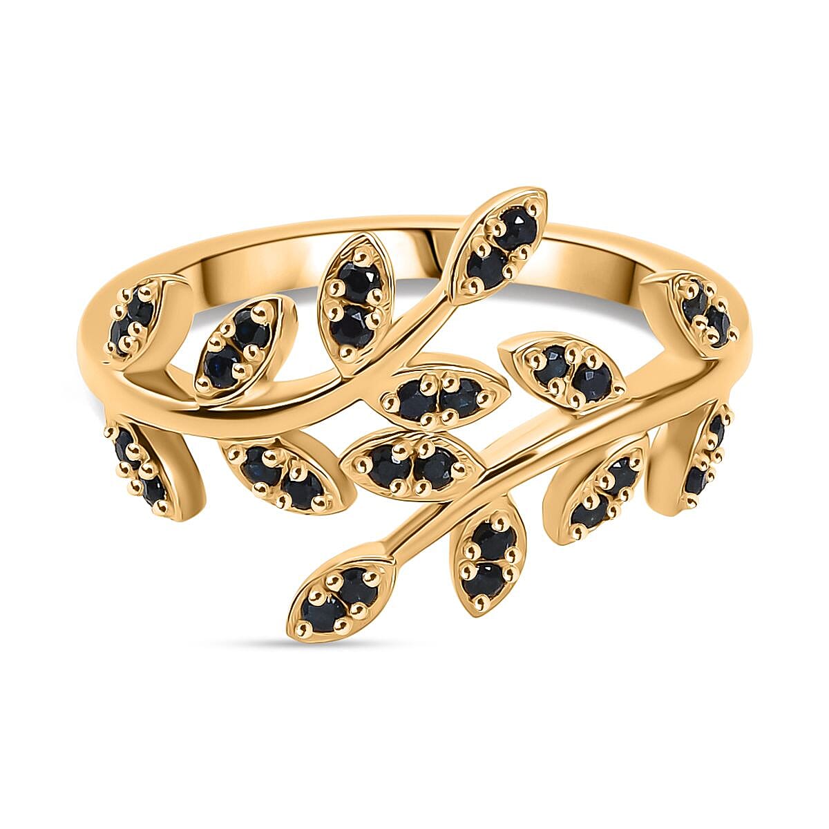 D'joy Blue Sapphire Leafy Bypass Ring in 18K Vermeil Yellow Gold Sterling Silver V32514574 0