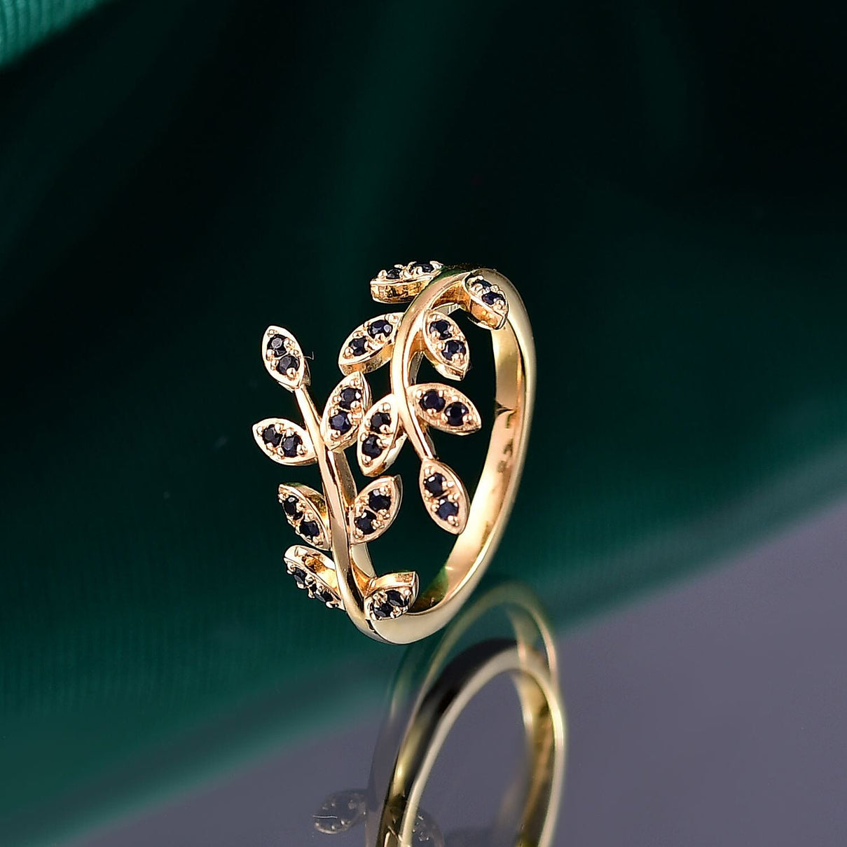 D'joy Blue Sapphire Leafy Bypass Ring in 18K Vermeil Yellow Gold Sterling Silver V32514574 2