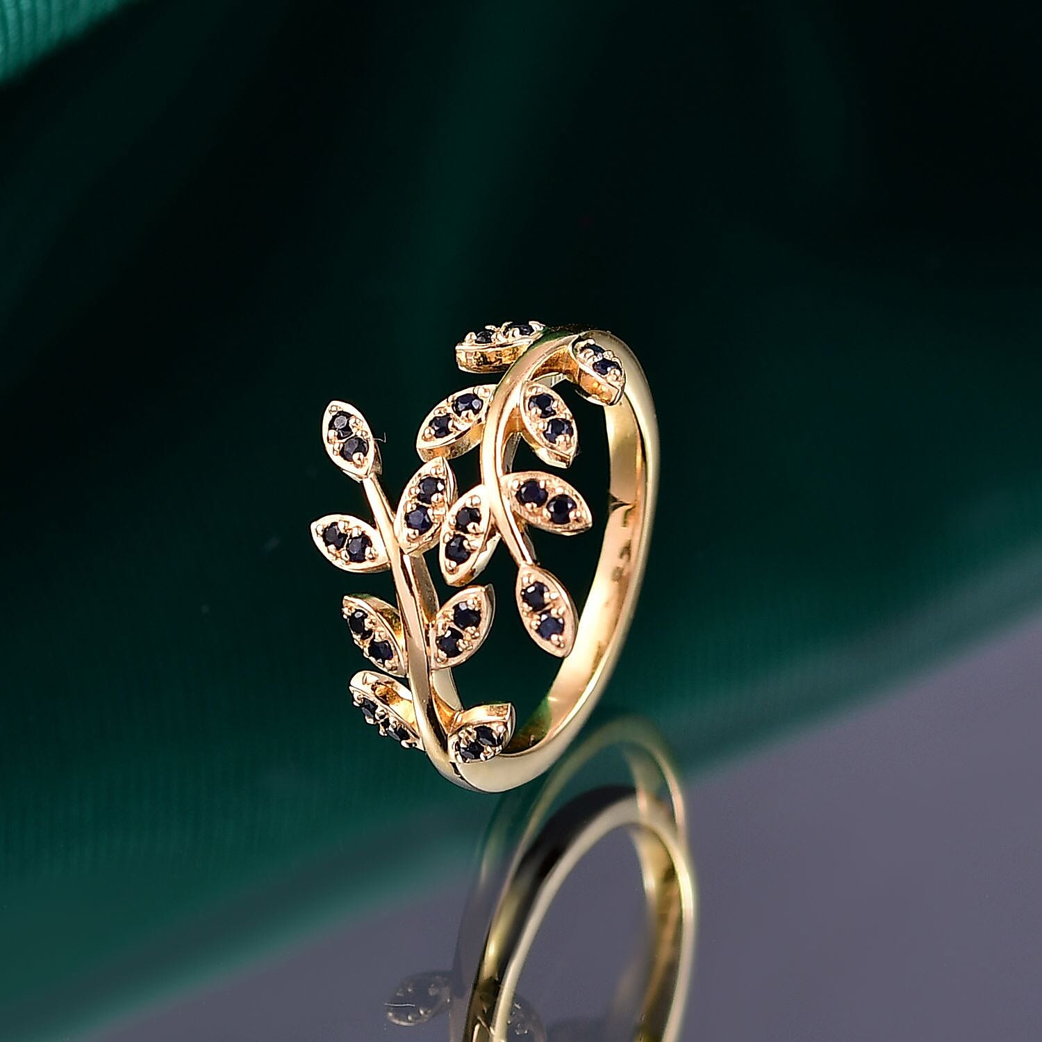 D'joy Blue Sapphire Leafy Bypass Ring in 18K Vermeil Yellow Gold Sterling Silver V32514574 2