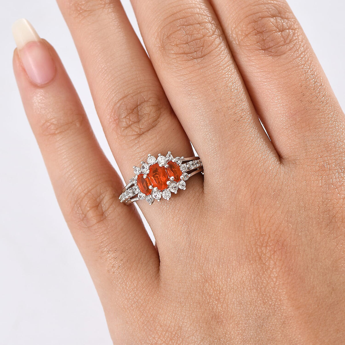 D'joy Crimson Fire Opal, White Zircon Ring in Rhodium Overlay Sterling Silver 1.50 Ct. 8233150 5