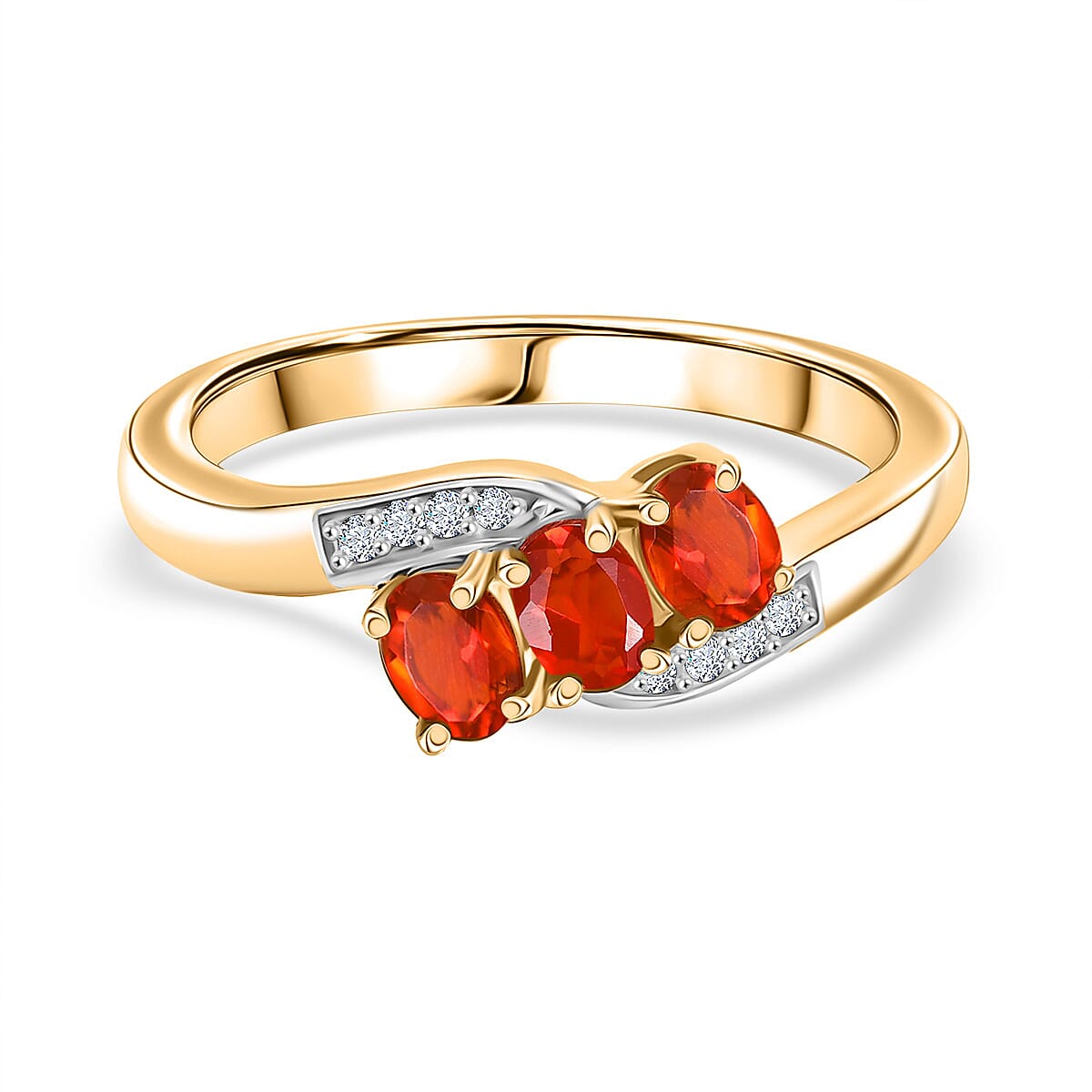 D'joy Crimson Fire Opal, White Zircon 3-Stone Ring in Yellow Gold Plated Sterling Silver 8238477 0