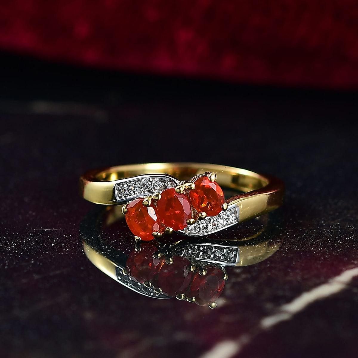 D'joy Crimson Fire Opal, White Zircon 3-Stone Ring in Yellow Gold Plated Sterling Silver 8238477 2