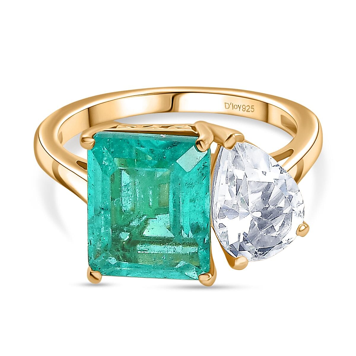 D'joy Emeraldine Quartz &amp; White Topaz Ring in 18K Yellow Gold Plating Sterling Silver 6.16 Ct. 8207116 0