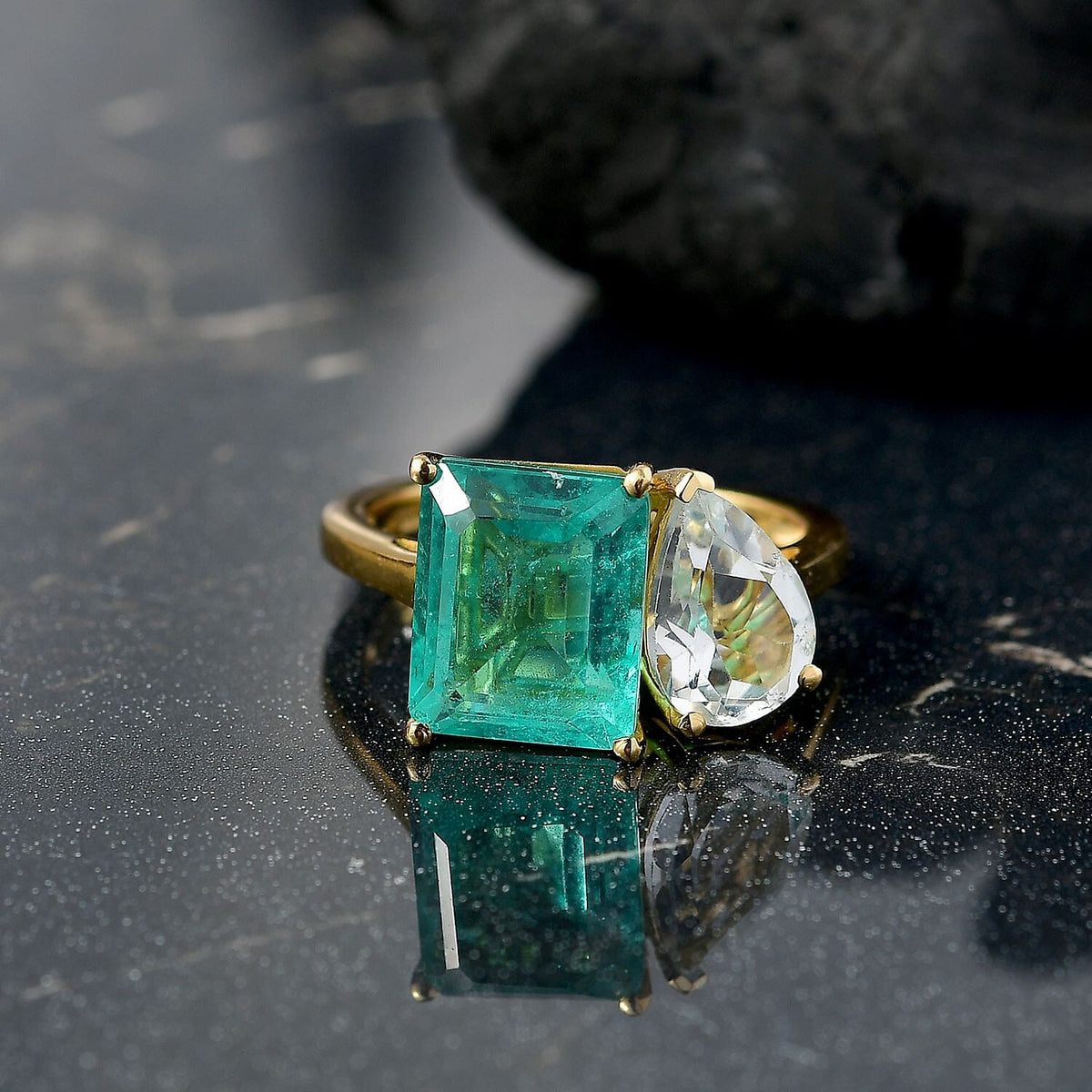 D'joy Emeraldine Quartz &amp; White Topaz Ring in 18K Yellow Gold Plating Sterling Silver 6.16 Ct. 8207116 1