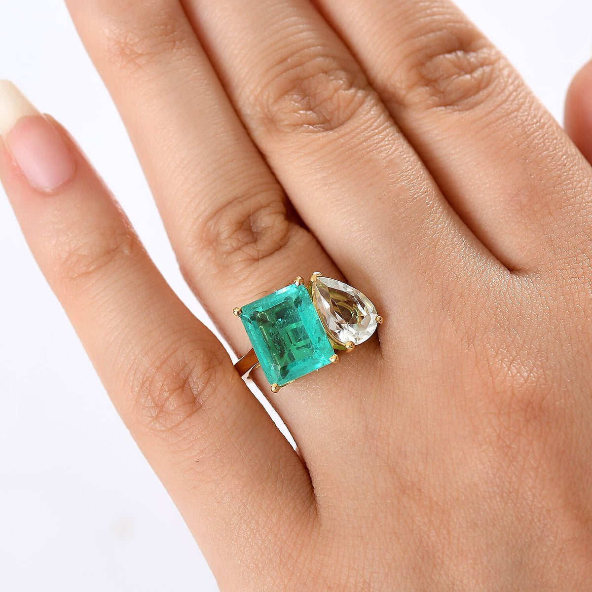 D'joy Emeraldine Quartz &amp; White Topaz Ring in 18K Yellow Gold Plating Sterling Silver 6.16 Ct. 8207116 2