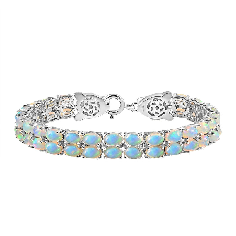Designer Inspired -  Ethiopian Opal & Brown Zircon Cluster Bracelet (Size 7) in Rhodium Overlay Sterling Silver 13.57 Ct, Silver Wt. 16.31 Gms.