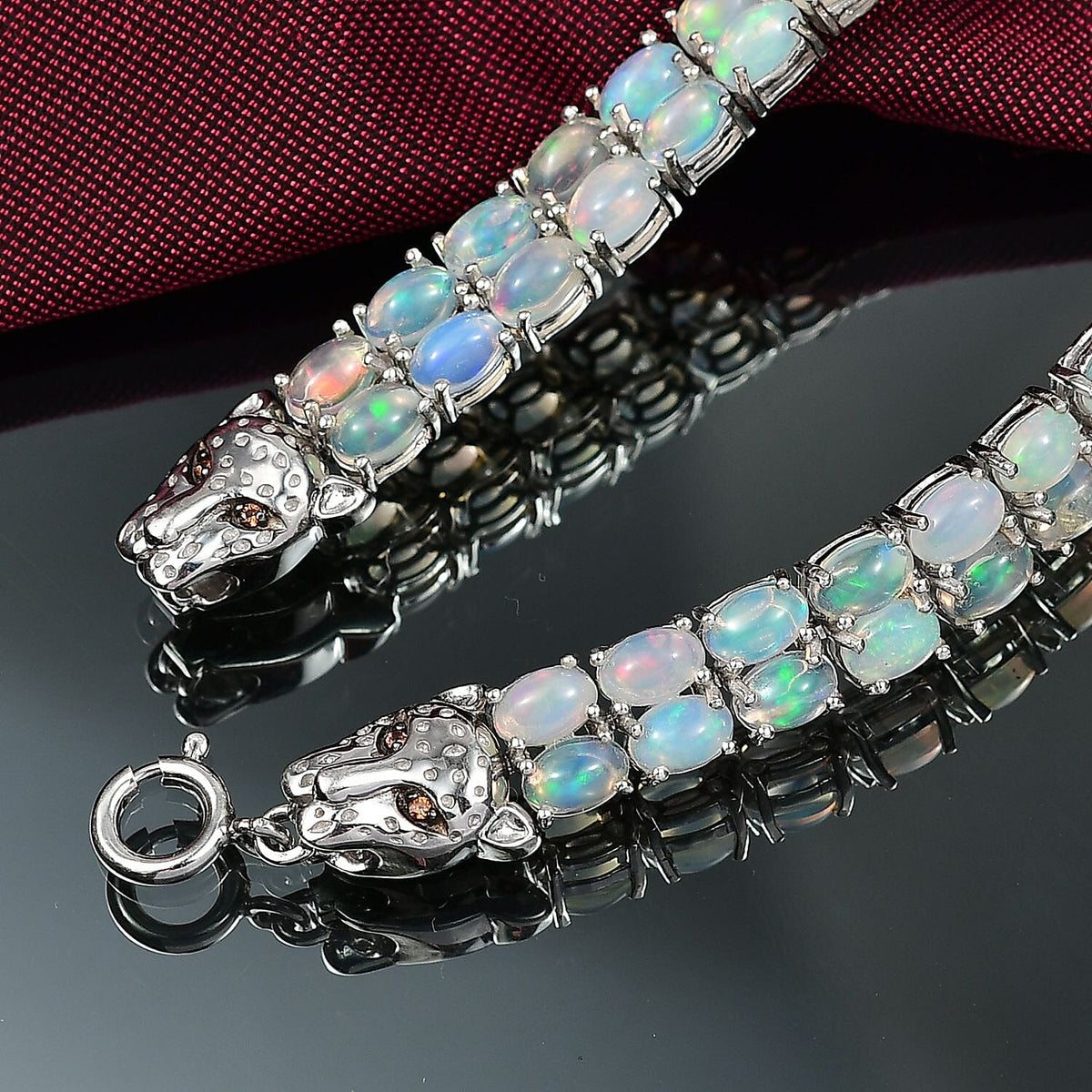 Designer Inspired - Ethiopian Opal &amp; Brown Zircon Cluster Double Panther Bracelet (Size 7.5) in Rhodium Overlay Sterling Silver 14.75 Ct, Silver Wt. 16.90 Gms. V32638330 2