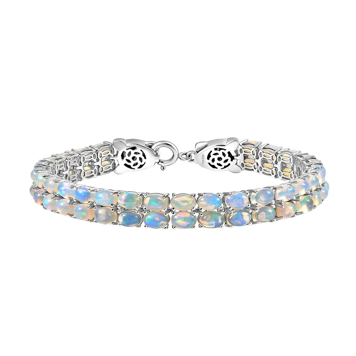 Designer Inspired - Ethiopian Opal &amp; Brown Zircon Cluster Double Panther Bracelet (Size 8) in Rhodium Overlay Sterling Silver 15.92 Ct, Silver Wt. 18.09 Gms. 8184029 0