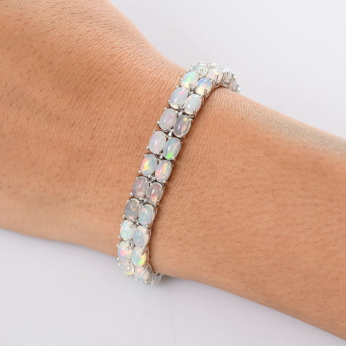 Designer Inspired - Ethiopian Opal &amp; Brown Zircon Cluster Double Panther Bracelet (Size 8) in Rhodium Overlay Sterling Silver 15.92 Ct, Silver Wt. 18.09 Gms. 8184029 3