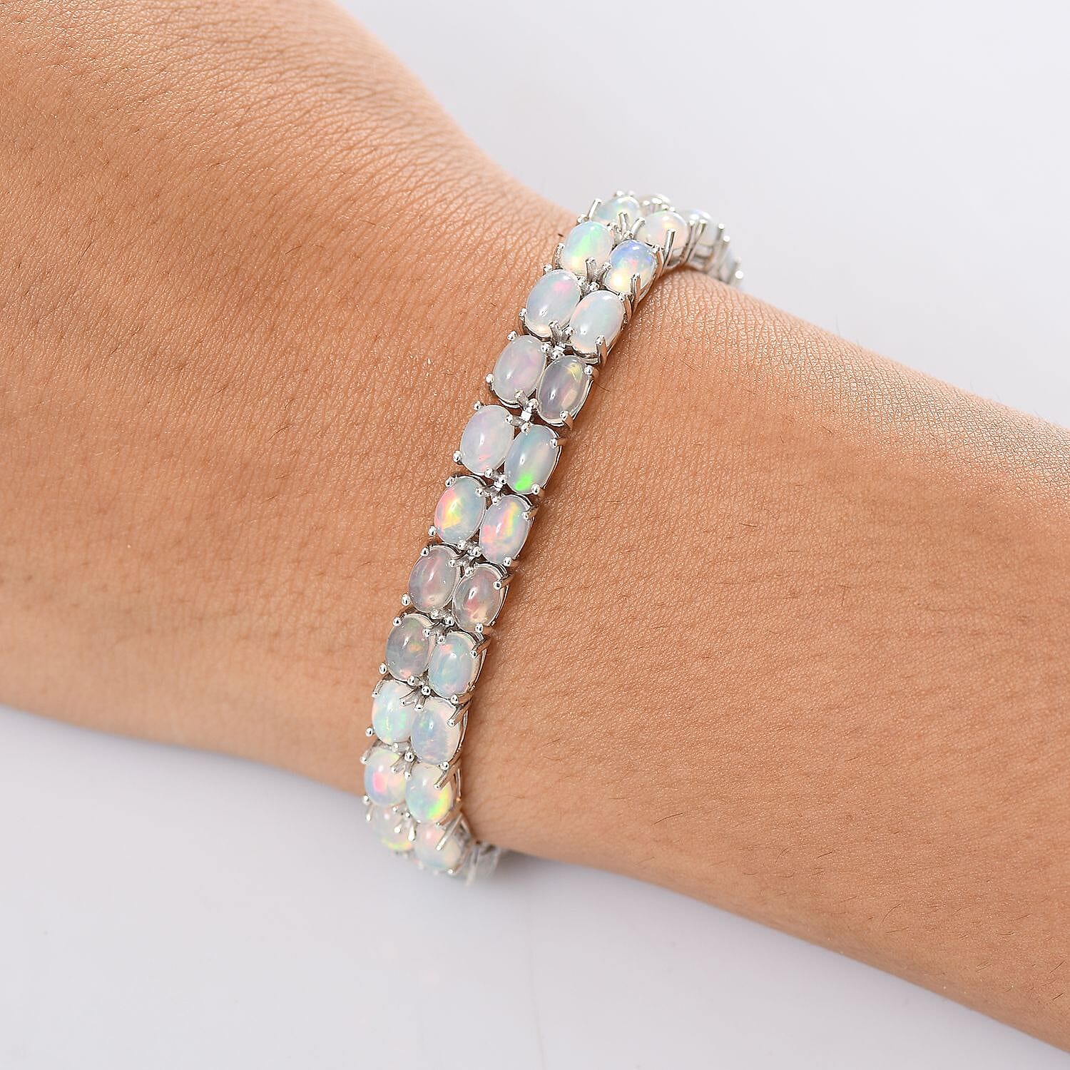 Designer Inspired - Ethiopian Opal &amp; Brown Zircon Cluster Double Panther Bracelet (Size 8) in Rhodium Overlay Sterling Silver 15.92 Ct, Silver Wt. 18.09 Gms. 8184029 3