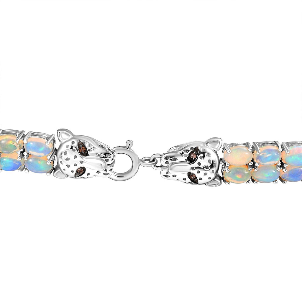 Designer Inspired - Ethiopian Opal & Brown Zircon Cluster Double Panther Bracelet (Size 8) in Rhodium Overlay Sterling Silver 15.92 Ct, Silver Wt. 18.09 Gms.