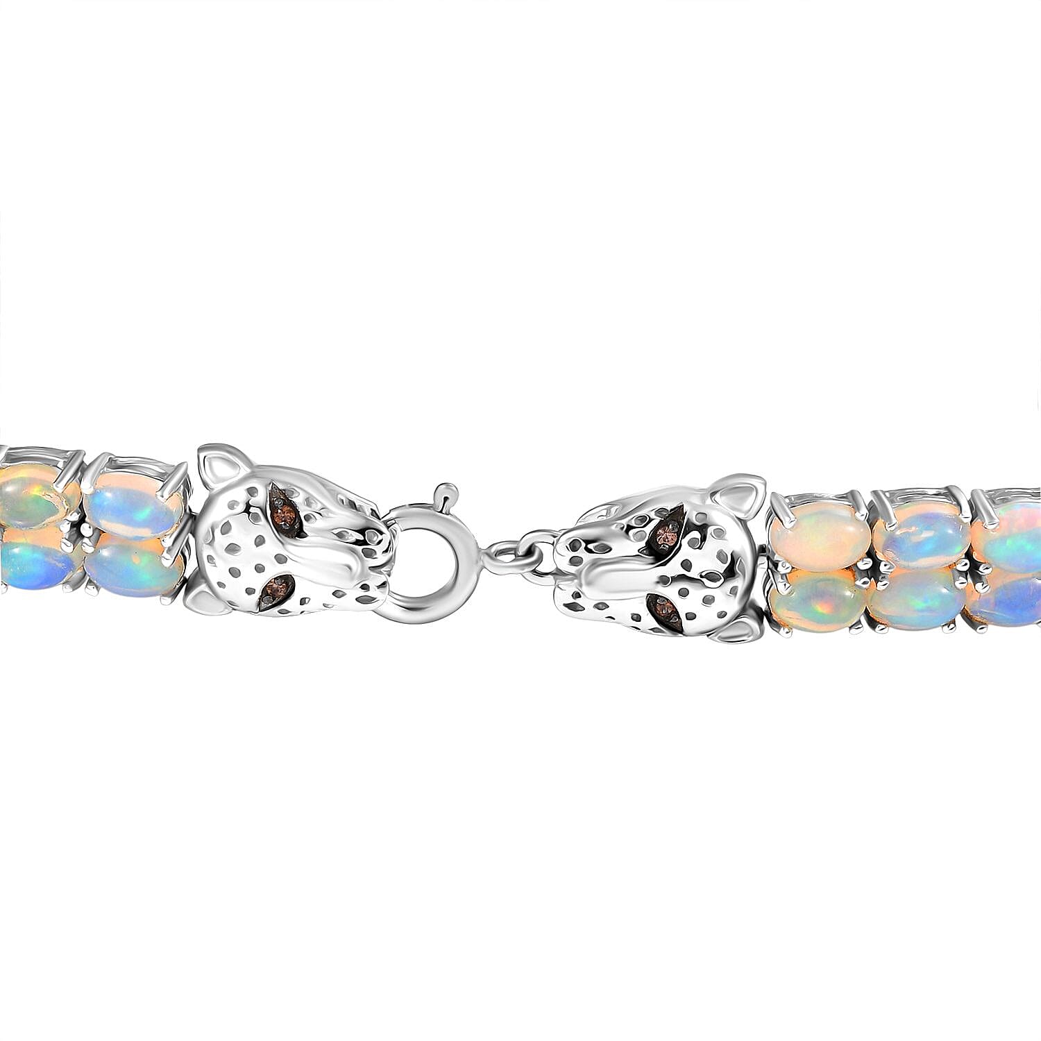 Designer Inspired - Ethiopian Opal &amp; Brown Zircon Cluster Double Panther Bracelet (Size 8) in Rhodium Overlay Sterling Silver 15.92 Ct, Silver Wt. 18.09 Gms. 8184029 5