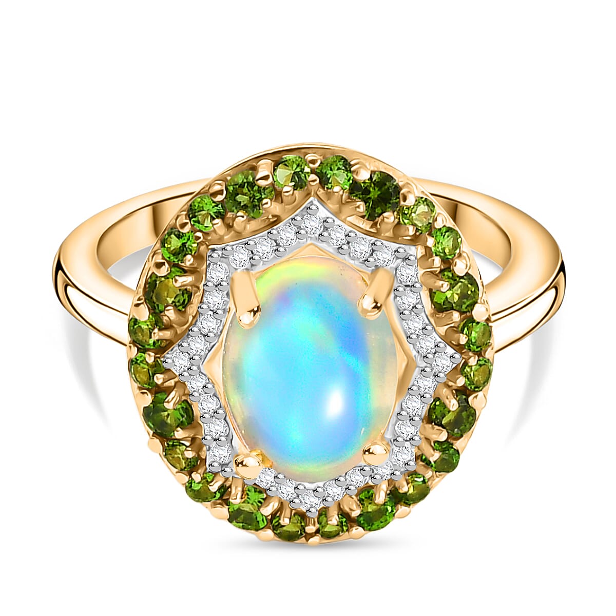 Ethiopian Opal, Natural Chrome Diopside, White Zircon Double Halo Ring in Yellow Gold Plated Sterling Silver 2.06 Ct. 8226037 0