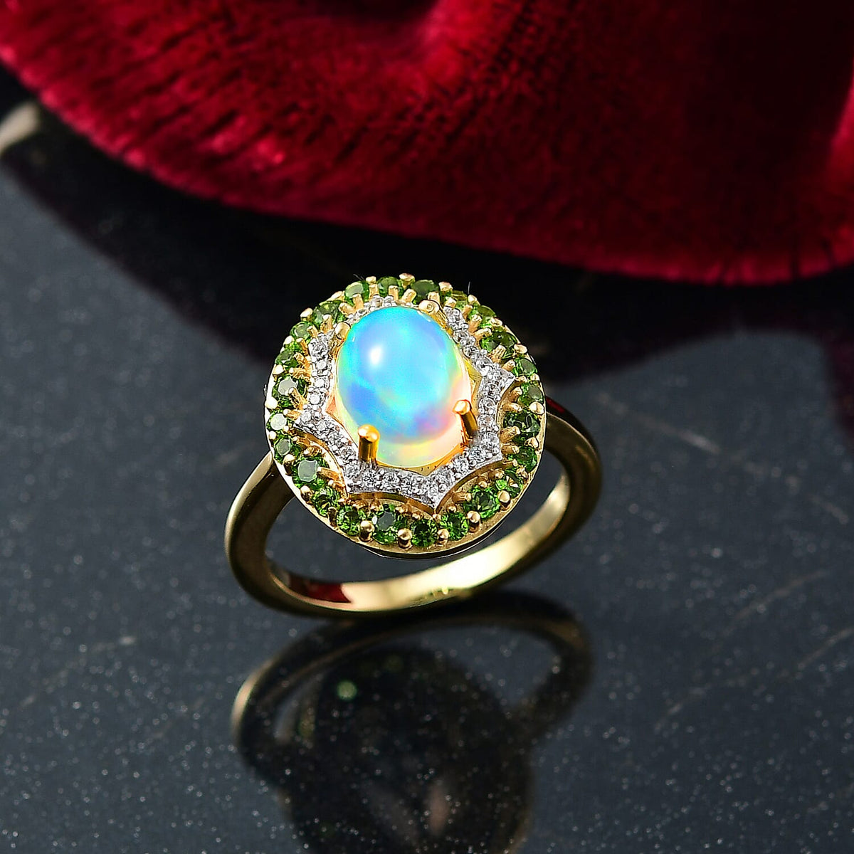 Ethiopian Opal, Natural Chrome Diopside, White Zircon Double Halo Ring in Yellow Gold Plated Sterling Silver 2.06 Ct. 8226037 1