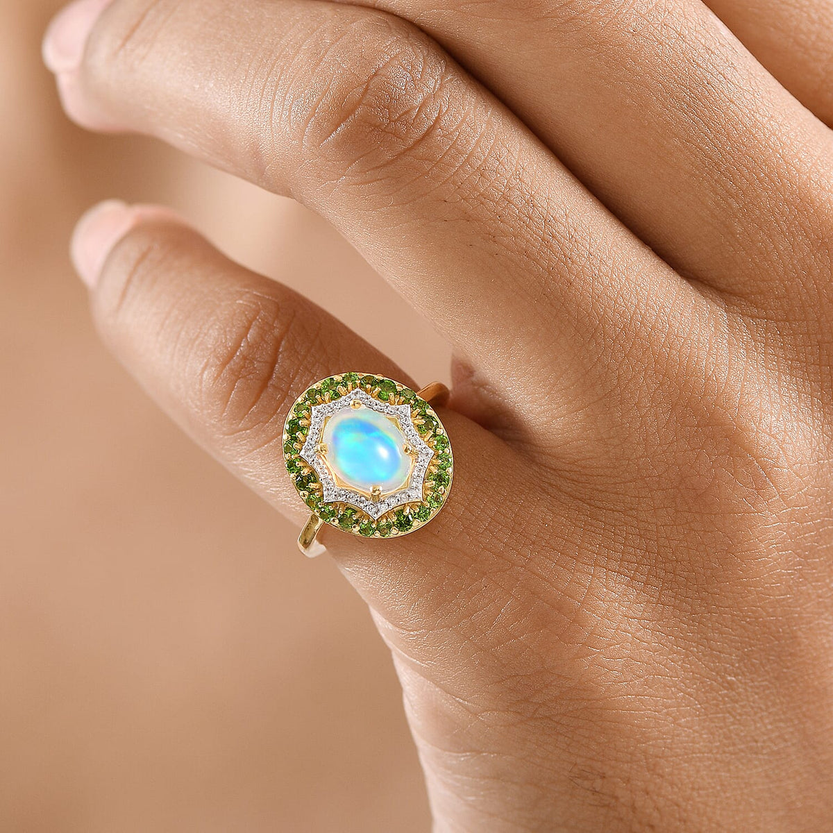 Ethiopian Opal, Natural Chrome Diopside, White Zircon Double Halo Ring in Yellow Gold Plated Sterling Silver 2.06 Ct. 8226037 2