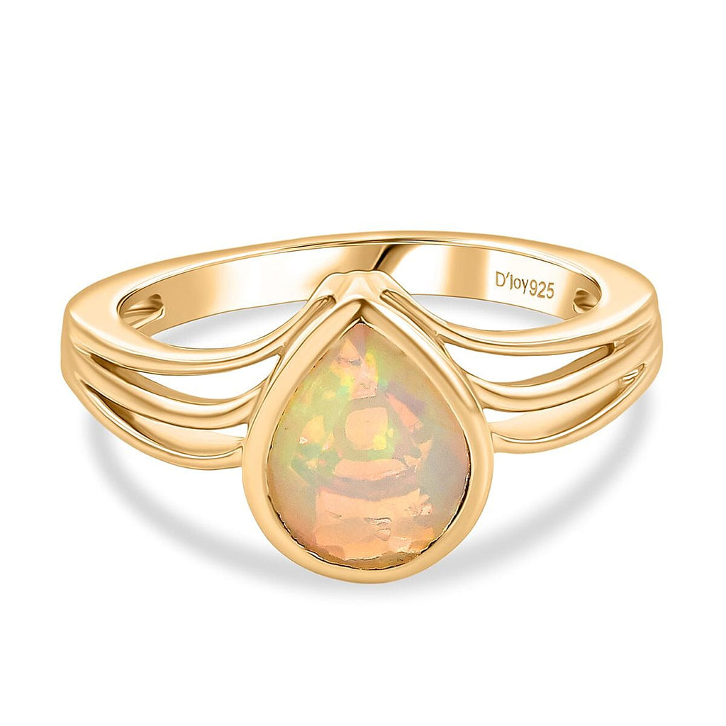 Djoy Ethiopian Opal Solitaire Aurora Drop Ring in 18K Yellow Gold Plating Sterling Silver