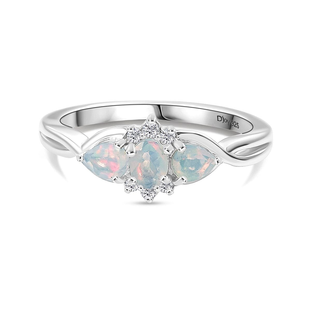 Dâ€™joy Ethiopian Opal, White Zircon Cluster Whispers of Fire Ring in Rhodium Overlay Sterling Silver 8202579 0