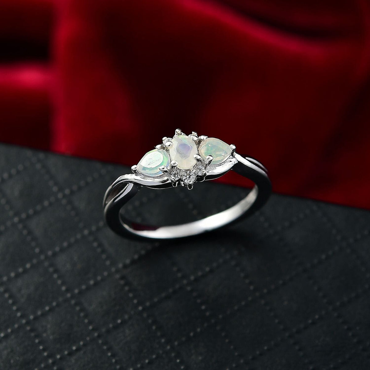 Dâ€™joy Ethiopian Opal, White Zircon Cluster Whispers of Fire Ring in Rhodium Overlay Sterling Silver 8202579 1