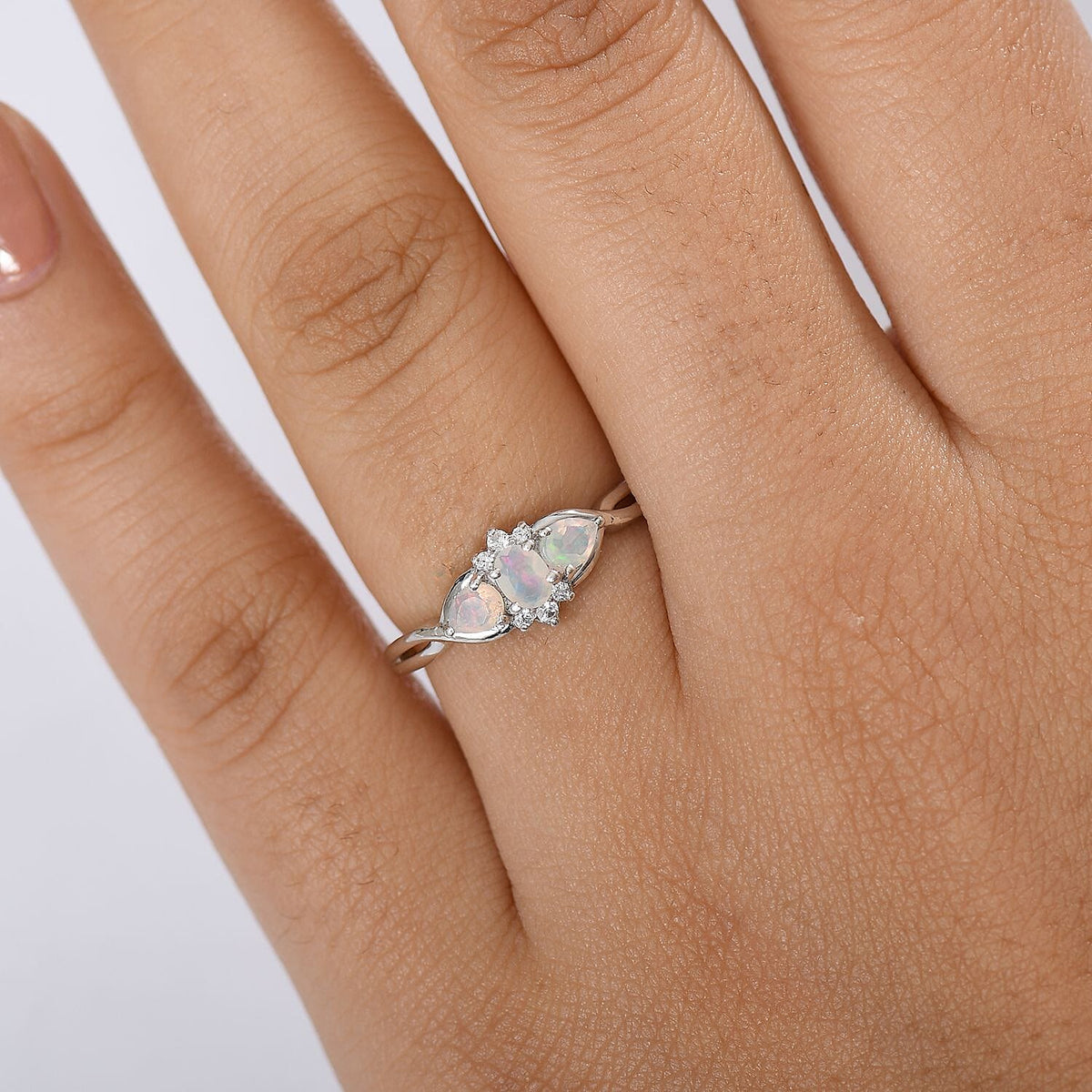 Dâ€™joy Ethiopian Opal, White Zircon Cluster Whispers of Fire Ring in Rhodium Overlay Sterling Silver 8202579 2