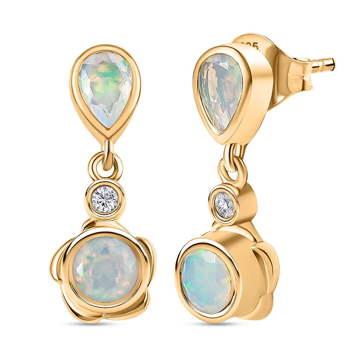 Djoy Ethiopian Opal &amp; White Zircon Dangling Blossom Dew Earring in Yellow Gold Plating Sterling Silver 1.23 Ct. 8224439 0