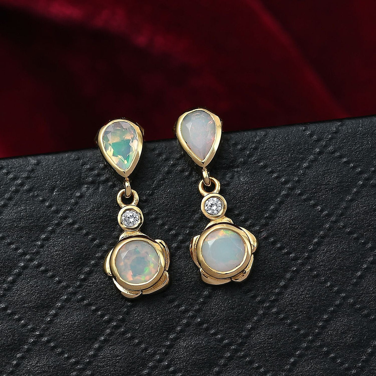 Djoy Ethiopian Opal &amp; White Zircon Dangling Blossom Dew Earring in Yellow Gold Plating Sterling Silver 1.23 Ct. 8224439 2