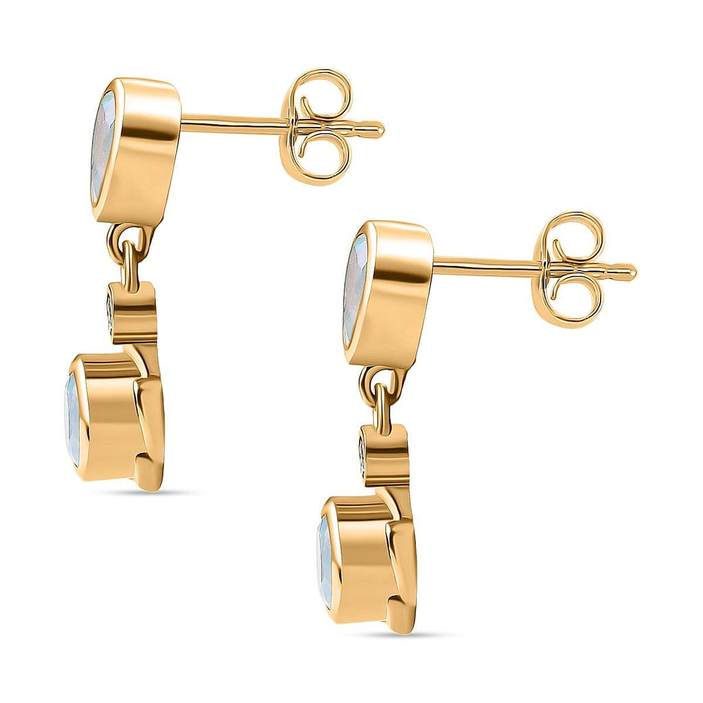 Djoy Ethiopian Opal & White Zircon Dangling Blossom Dew Earring in Yellow Gold Plating Sterling Silver 1.23 Ct.