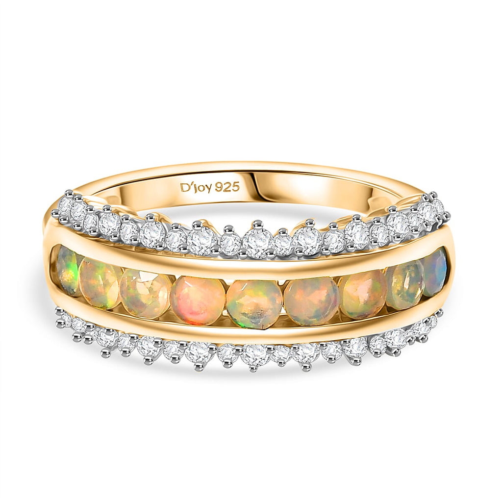 Djoy Ethiopian Opal & White Zircon Rainbow Lineage Ring in Yellow Gold Plating Sterling Silver 1.34 Ct.