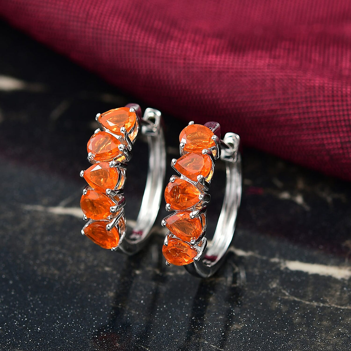 D'joy Fire Opal 5-Stone Hoop Earring in Rhodium Overlay Sterling Silver 2.16 Ct. 8238944 1