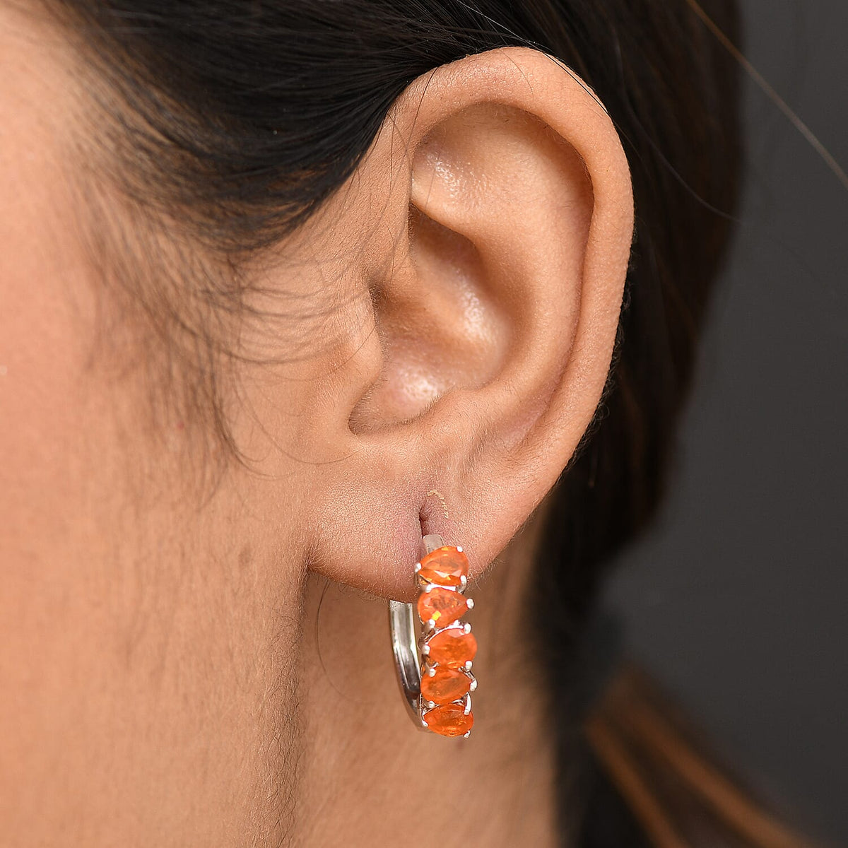 D'joy Fire Opal 5-Stone Hoop Earring in Rhodium Overlay Sterling Silver 2.16 Ct. 8238944 2