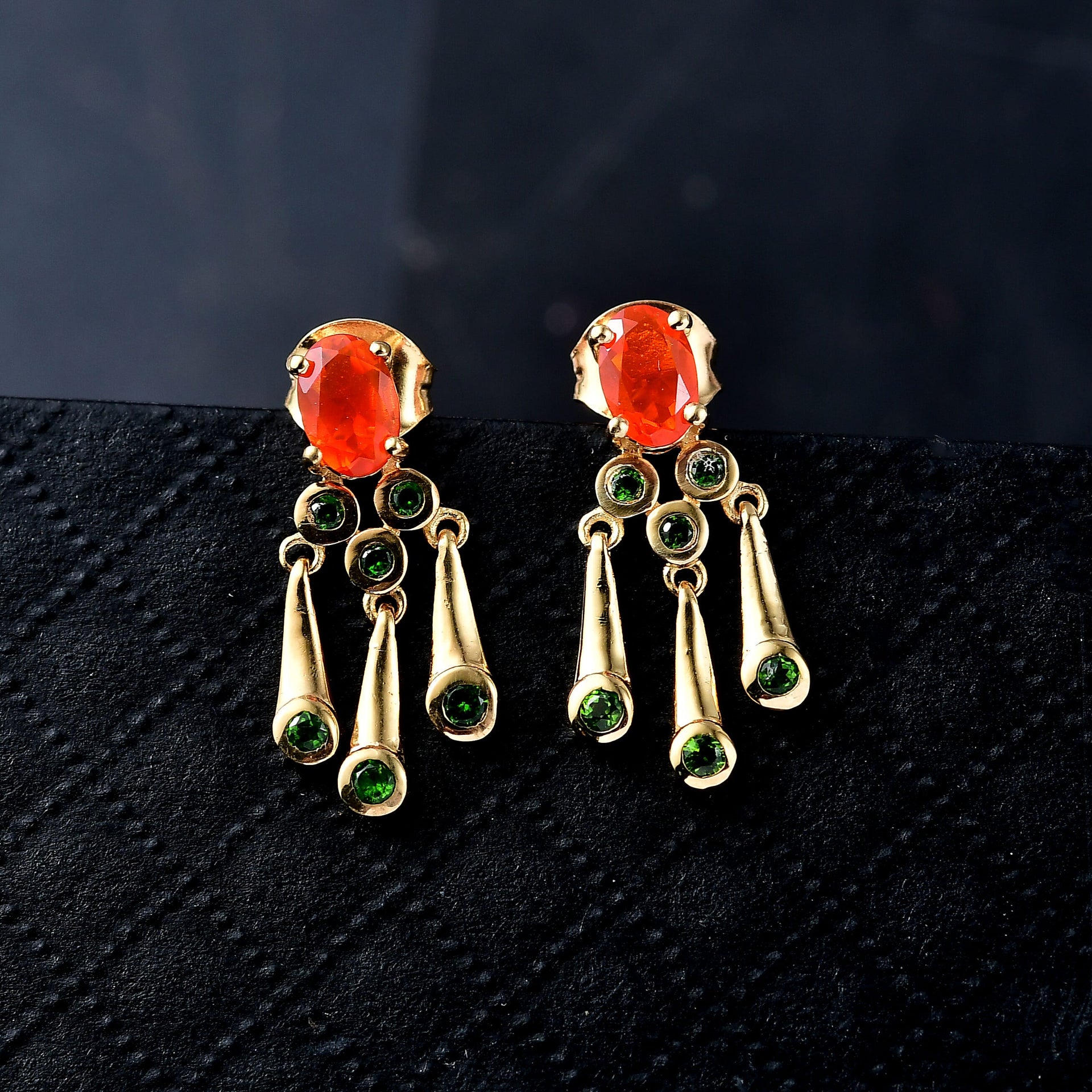D'joy Fire Opal, Natural Chrome Diopside Dangling Earring with Push Back in Yellow Gold Plated Sterling Silver 8238554 2