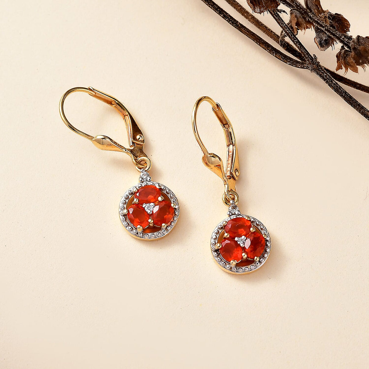 D'joy Fire Opal, White Zircon Cluster Earring with Lever Back in Yellow Gold Plated Sterling Silver 8238537 2