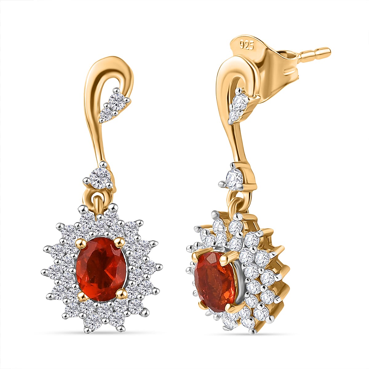 D'joy Fire Opal, White Zircon Double Halo Earring with Push Back in 18K Vermeil Yellow Gold Overlay Sterling Silver 1.22 Ct. 8238555 0