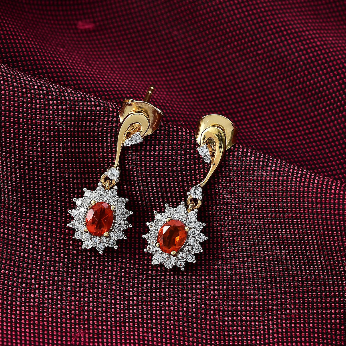 D'joy Fire Opal, White Zircon Double Halo Earring with Push Back in 18K Vermeil Yellow Gold Overlay Sterling Silver 1.22 Ct. 8238555 1
