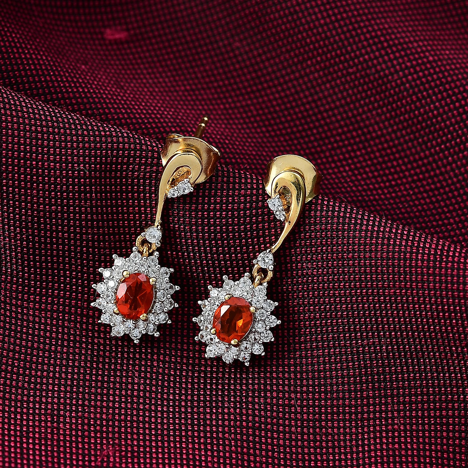 D'joy Fire Opal, White Zircon Double Halo Earring with Push Back in 18K Vermeil Yellow Gold Overlay Sterling Silver 1.22 Ct. 8238555 1