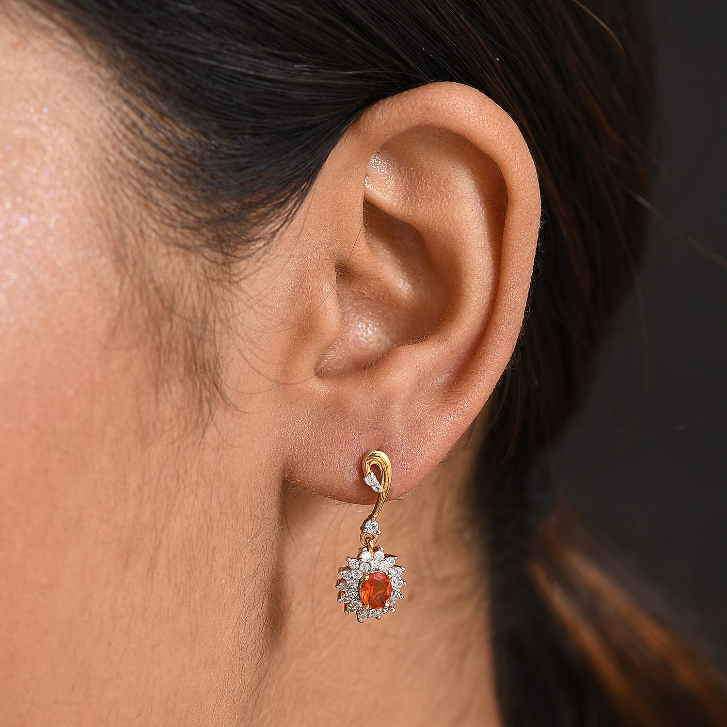 D'joy Fire Opal, White Zircon Double Halo Earring with Push Back in 18K Vermeil Yellow Gold Overlay Sterling Silver 1.22 Ct. 8238555 2