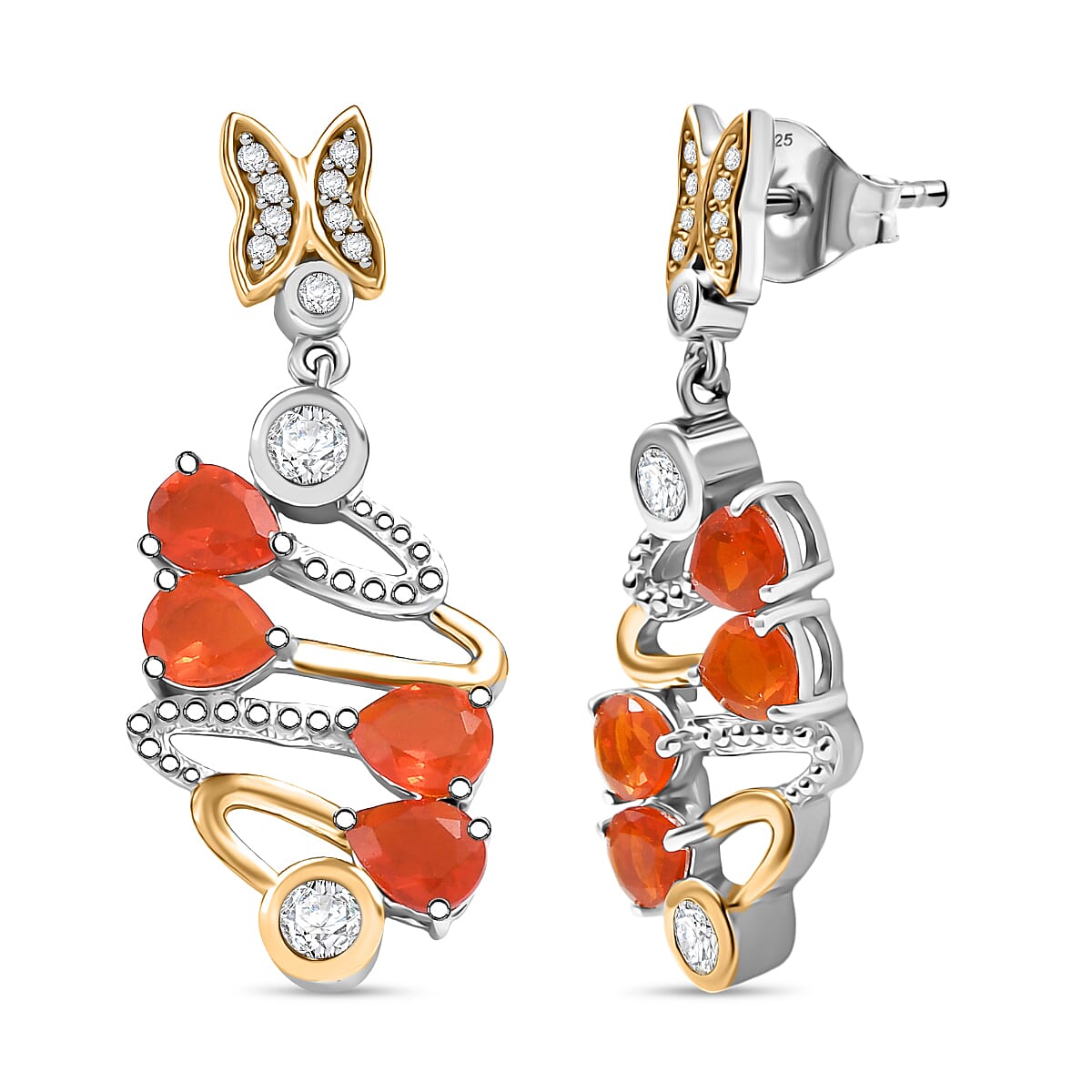D'joy Fire Opal, White Zircon Tornado Butterfly Earring with Push Back in Yellow Gold and Platinum Overlay Sterling Silver 2.76 Ct. 8236138 0