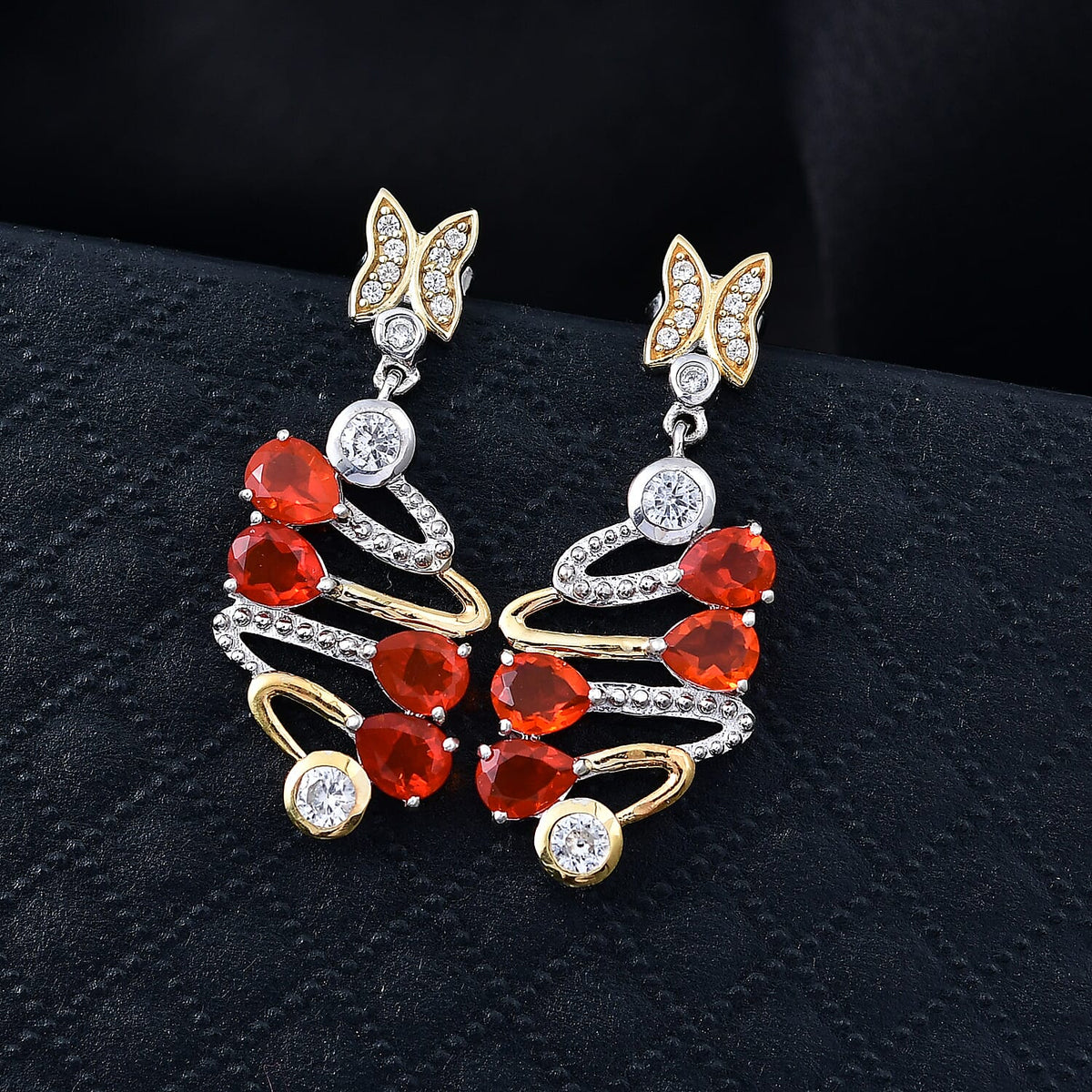 D'joy Fire Opal, White Zircon Tornado Butterfly Earring with Push Back in Yellow Gold and Platinum Overlay Sterling Silver 2.76 Ct. 8236138 1