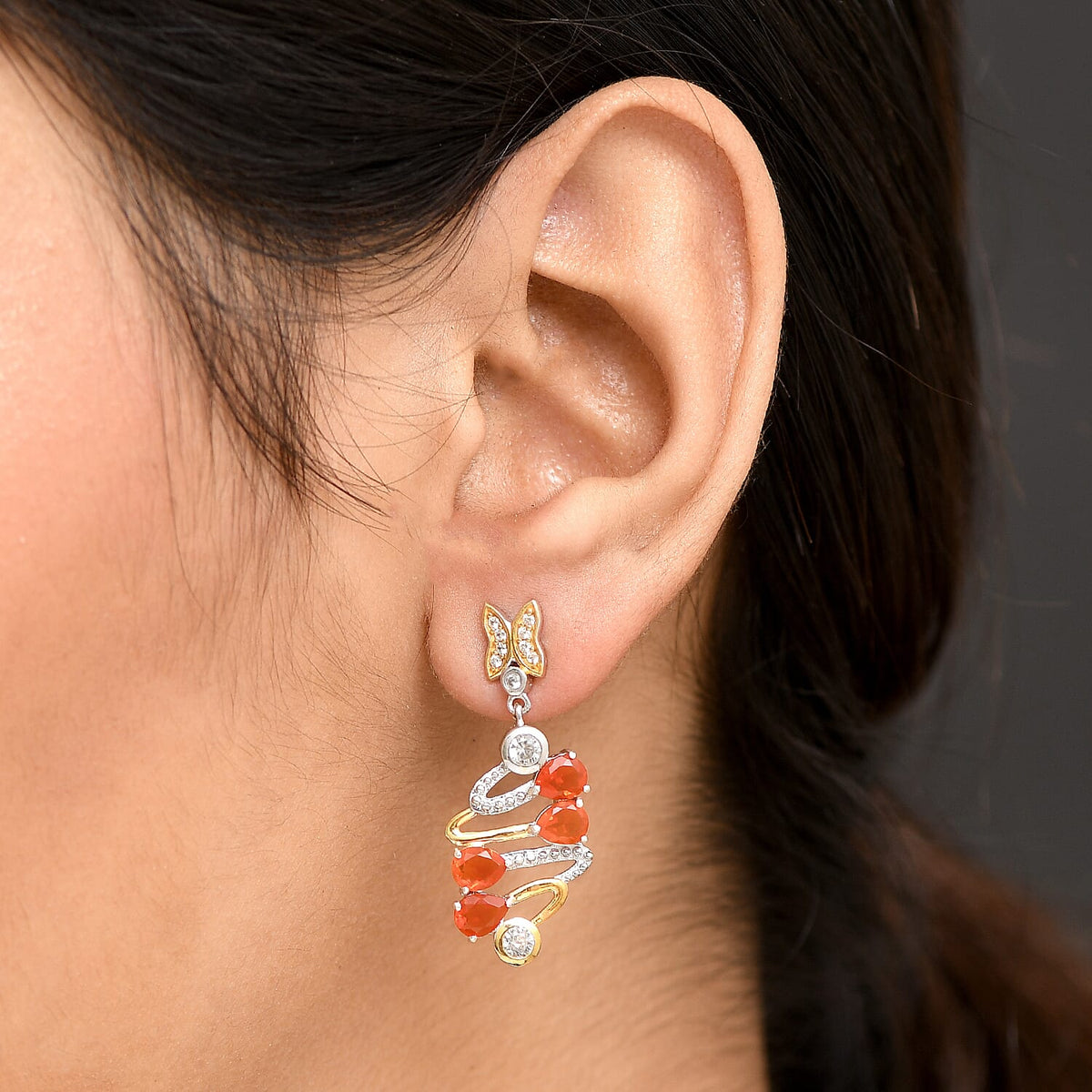 D'joy Fire Opal, White Zircon Tornado Butterfly Earring with Push Back in Yellow Gold and Platinum Overlay Sterling Silver 2.76 Ct. 8236138 2