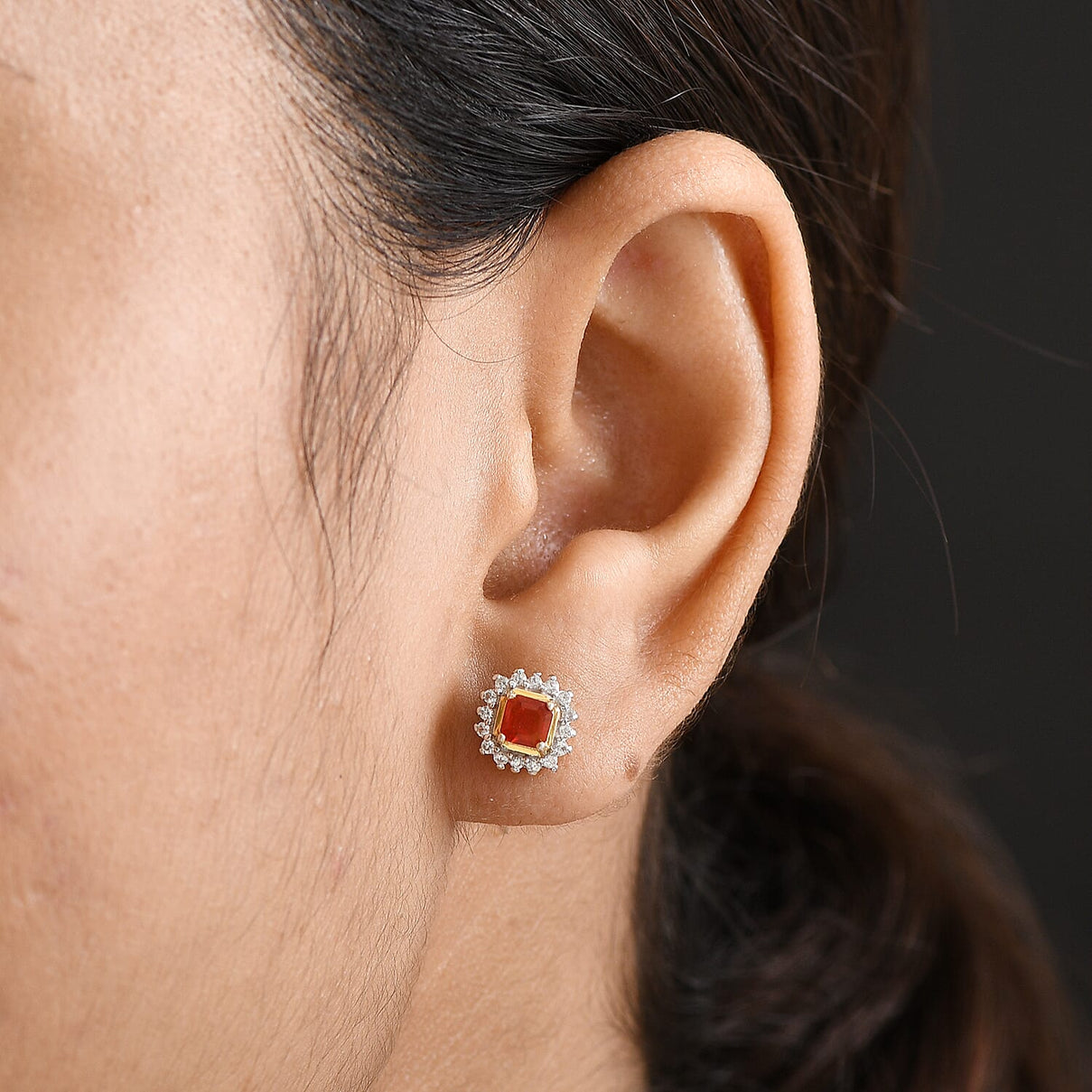 D'joy Fire Opal &amp; White Zircon Solitaire Stud Push Post Earring in 18K Yellow Gold Overlay Sterling Silver 8233187 2