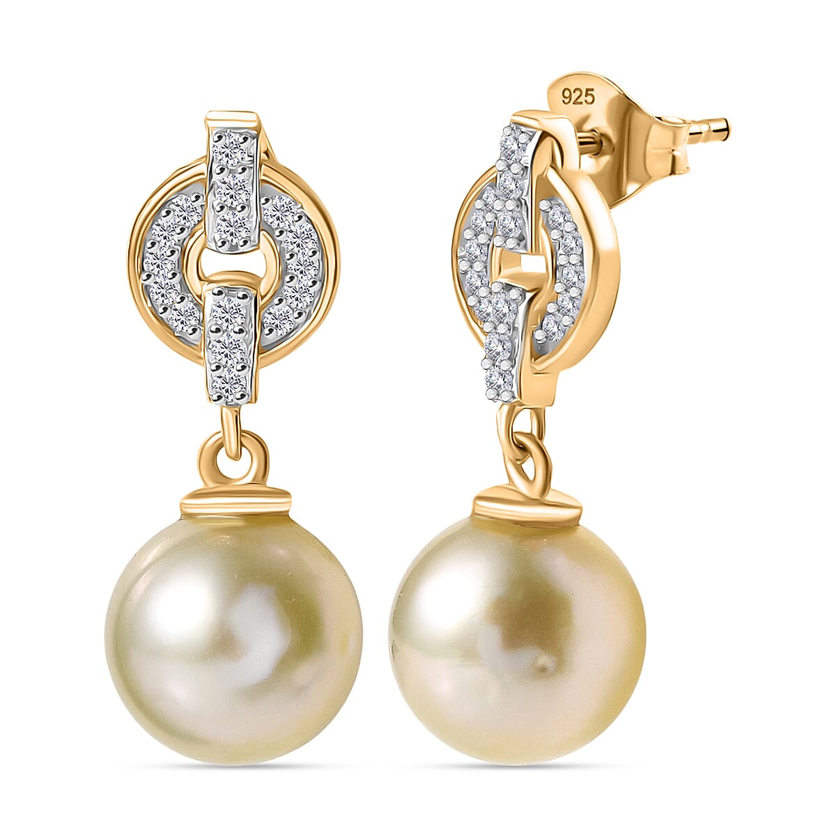 Royal Bali Collection- Golden South Sea Pearl (7-9mm), White Zircon Drop Push Post Earring in 18K Vermeil Yellow Gold Over Sterling Silver 8.40 Ct. 8239518 0