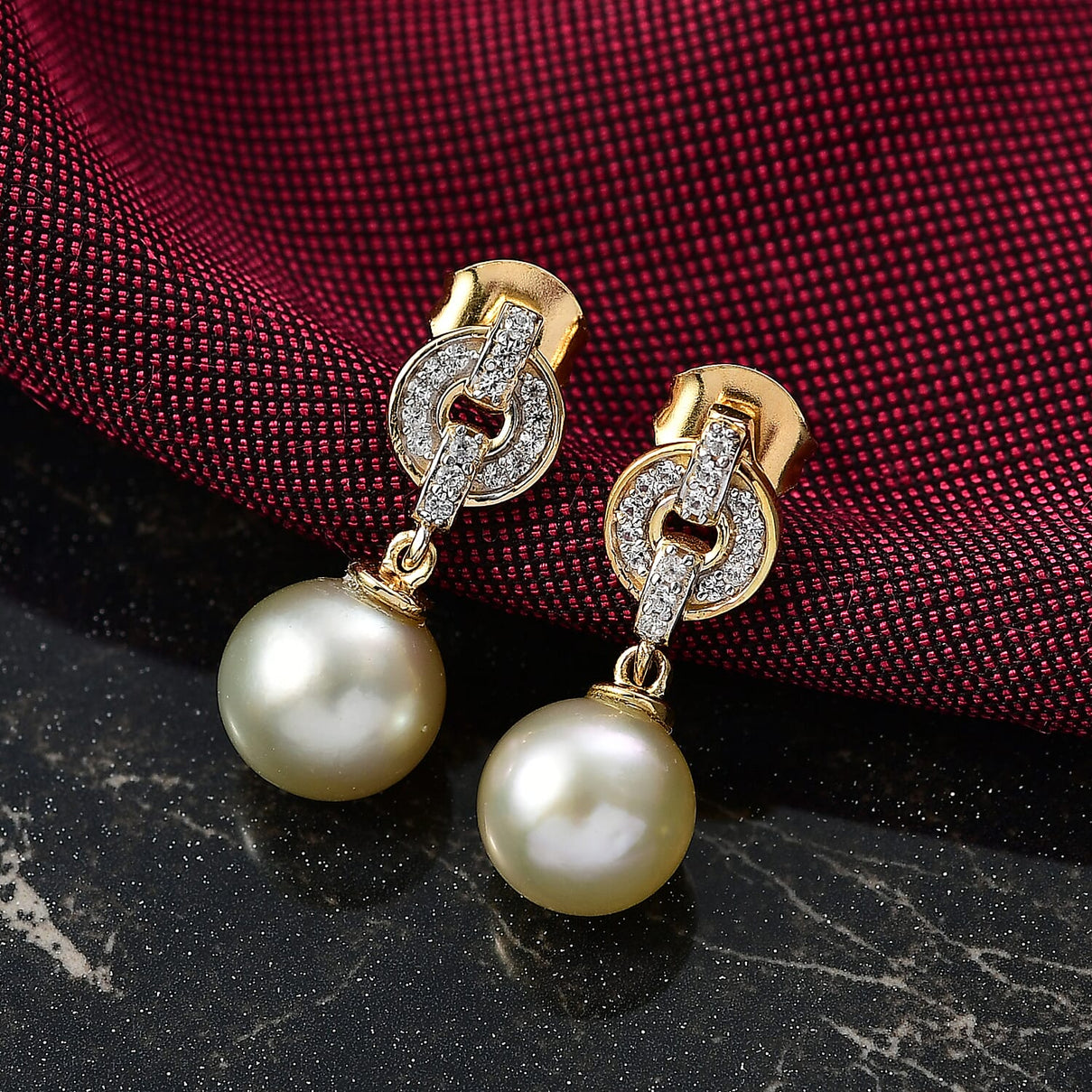Royal Bali Collection- Golden South Sea Pearl (7-9mm), White Zircon Drop Push Post Earring in 18K Vermeil Yellow Gold Over Sterling Silver 8.40 Ct. 8239518 1