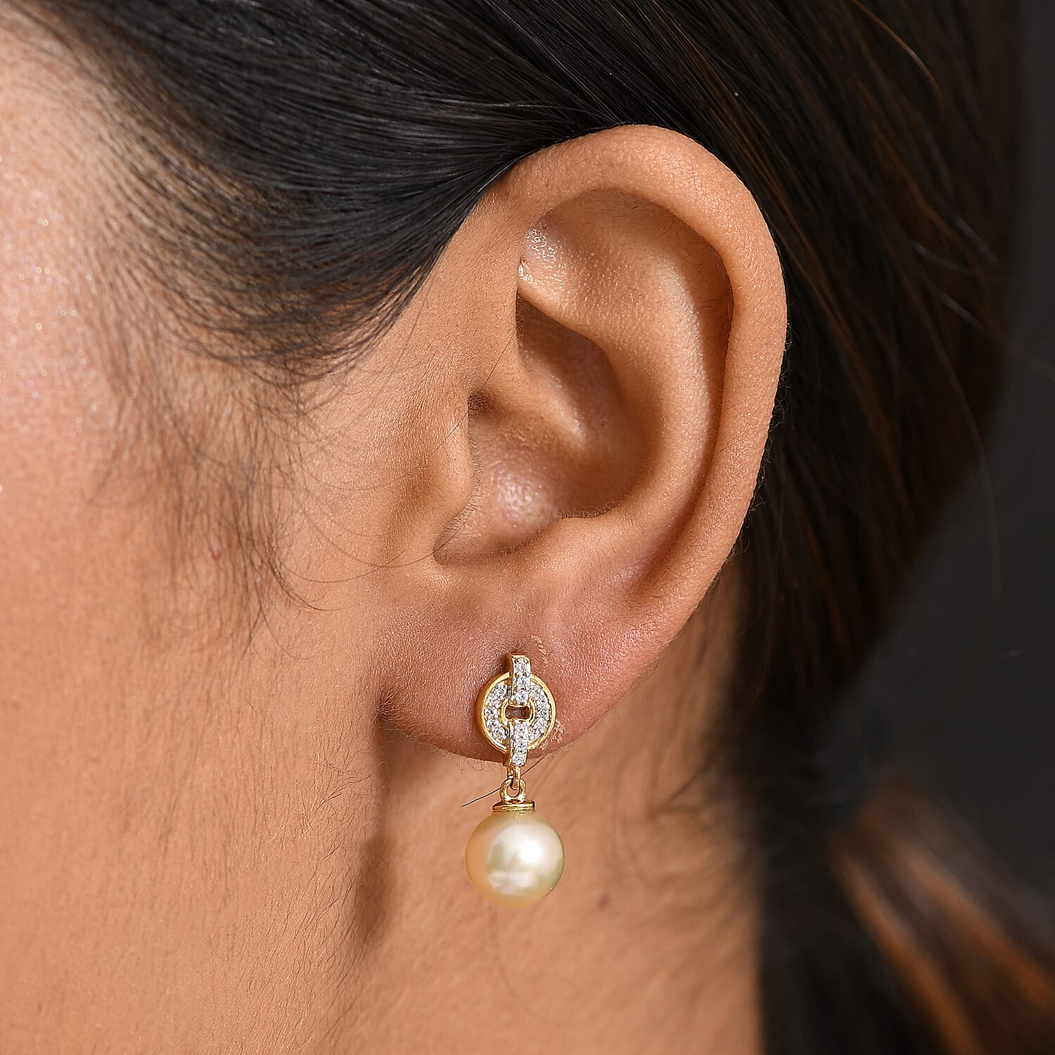 Royal Bali Collection- Golden South Sea Pearl (7-9mm), White Zircon Drop Push Post Earring in 18K Vermeil Yellow Gold Over Sterling Silver 8.40 Ct. 8239518 2